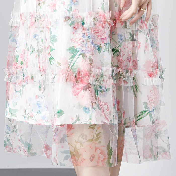 CM-DY080360 Women Elegant European Style Round Neck Splice Gauze Printing Dress