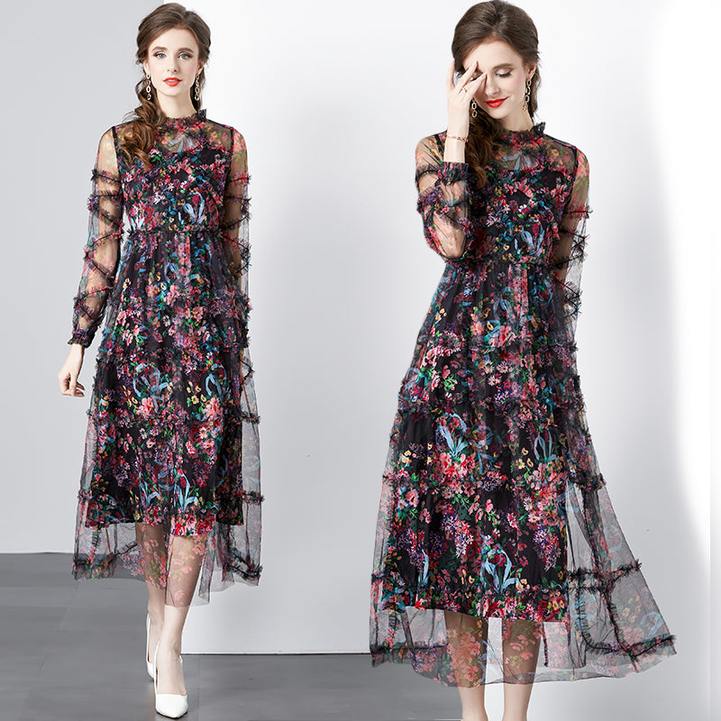 CM-DY080361 Women Elegant European Style Round Neck Splice Gauze Printing Dress