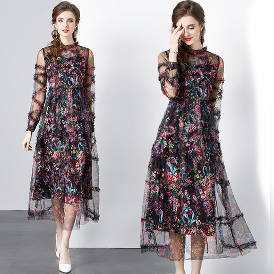CM-DY080361 Women Elegant European Style Round Neck Splice Gauze Printing Dress