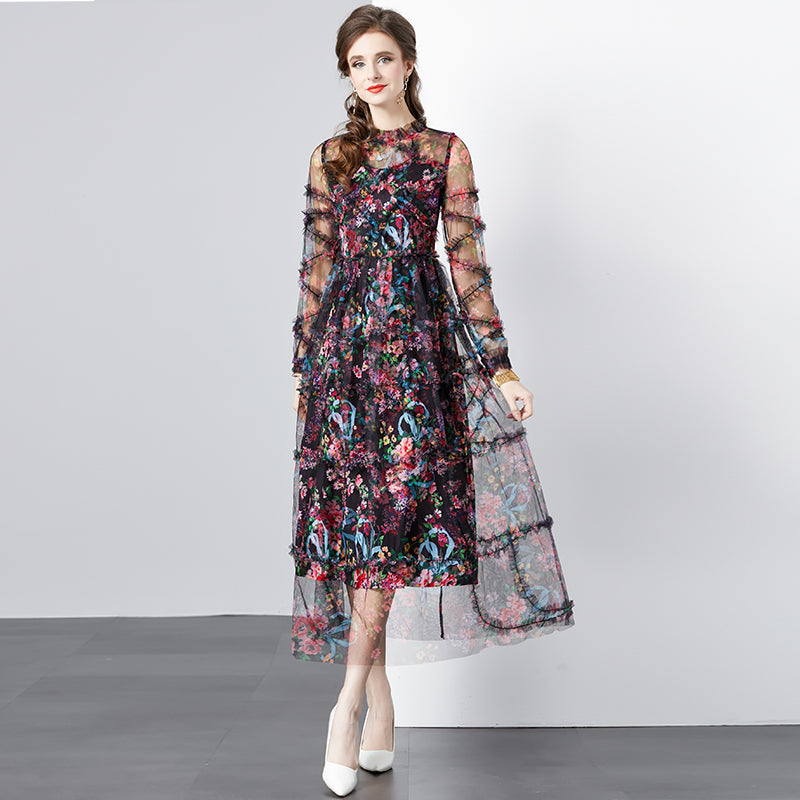 CM-DY080361 Women Elegant European Style Round Neck Splice Gauze Printing Dress