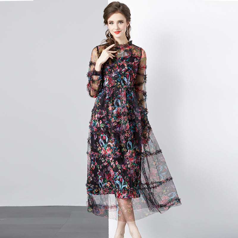 CM-DY080361 Women Elegant European Style Round Neck Splice Gauze Printing Dress