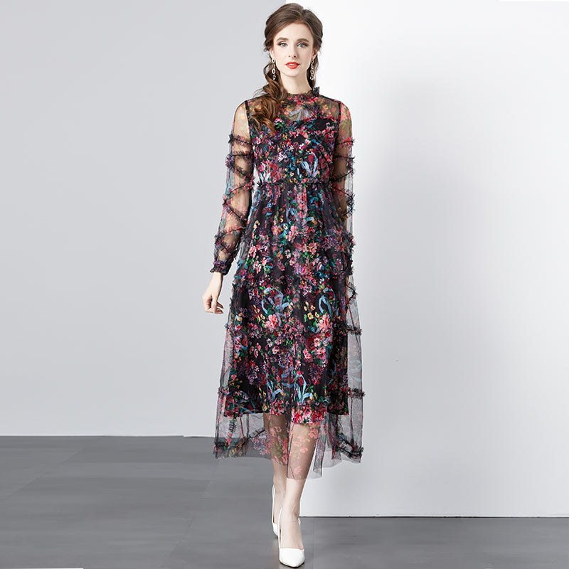 CM-DY080361 Women Elegant European Style Round Neck Splice Gauze Printing Dress