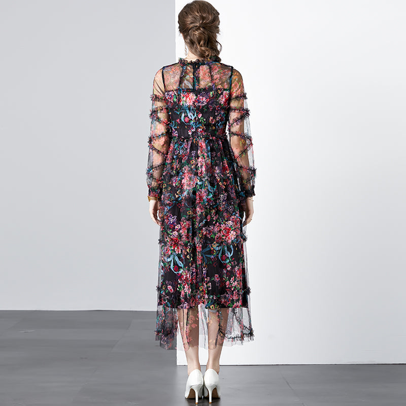 CM-DY080361 Women Elegant European Style Round Neck Splice Gauze Printing Dress