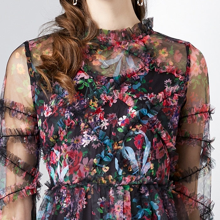 CM-DY080361 Women Elegant European Style Round Neck Splice Gauze Printing Dress