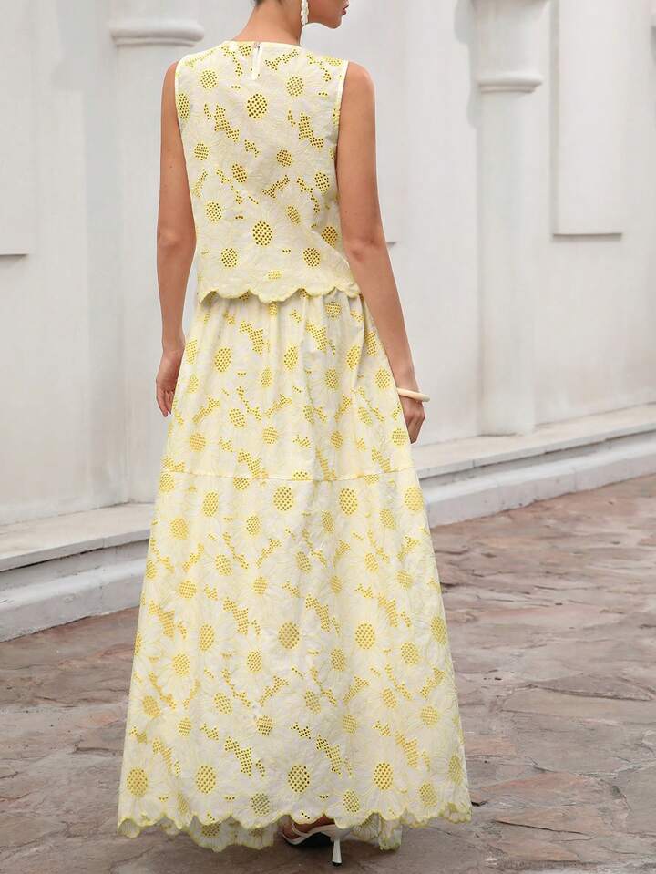 CM-SS292072 Women Trendy Bohemian Style Floral Embroidered Hollow Out Round Neck Sleeveless Top With Skirt - Set