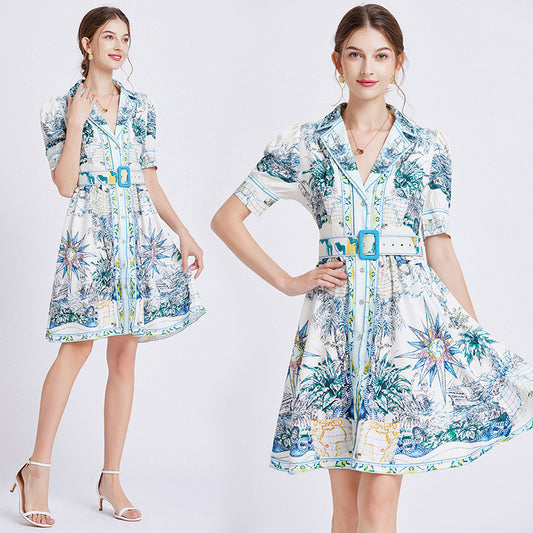 CM-DY080636 Women Elegant European Style Pinched Waist Niche Dress - Sky Blue