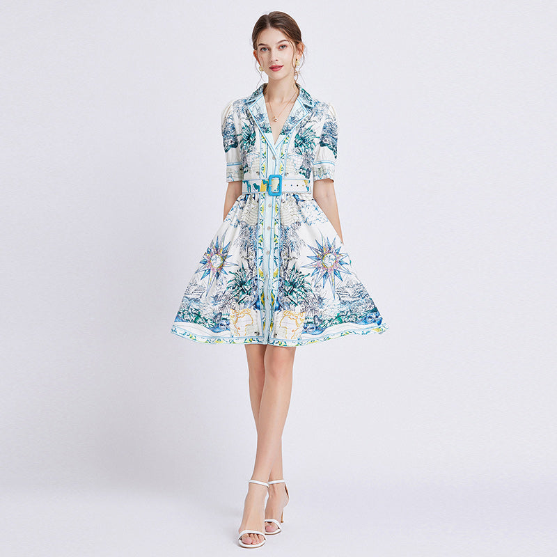 CM-DY080636 Women Elegant European Style Pinched Waist Niche Dress - Sky Blue