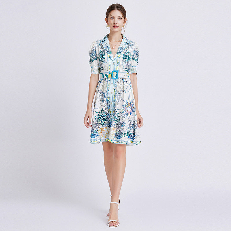 CM-DY080636 Women Elegant European Style Pinched Waist Niche Dress - Sky Blue