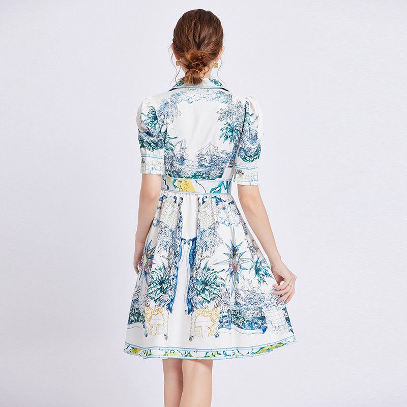 CM-DY080636 Women Elegant European Style Pinched Waist Niche Dress - Sky Blue