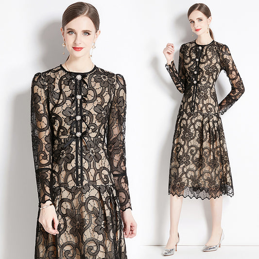 CM-DY080847 Women Elegant European Style Round Neck Long Sleeve Lace Slim Dress