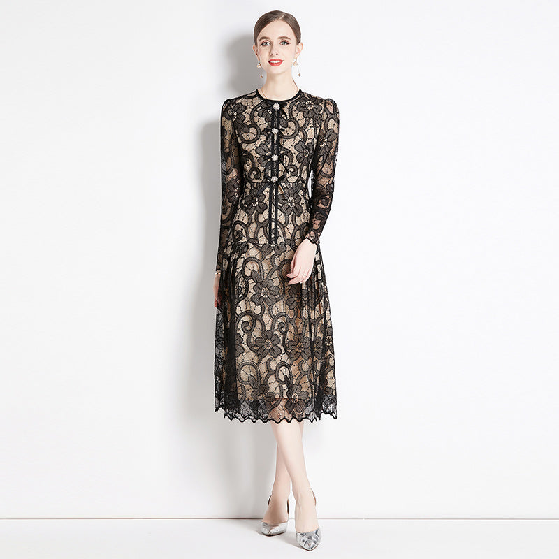 CM-DY080847 Women Elegant European Style Round Neck Long Sleeve Lace Slim Dress