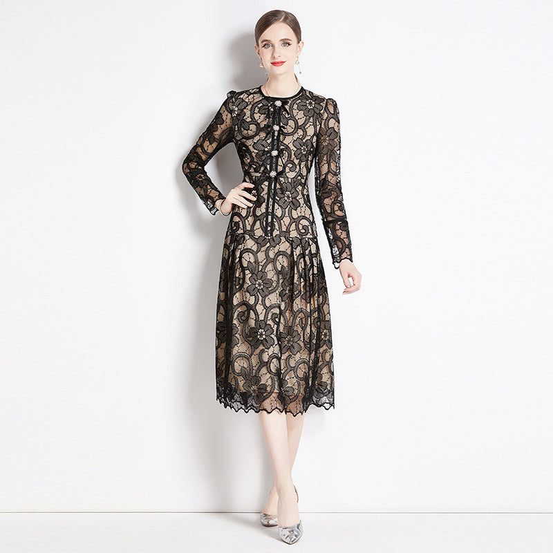 CM-DY080847 Women Elegant European Style Round Neck Long Sleeve Lace Slim Dress