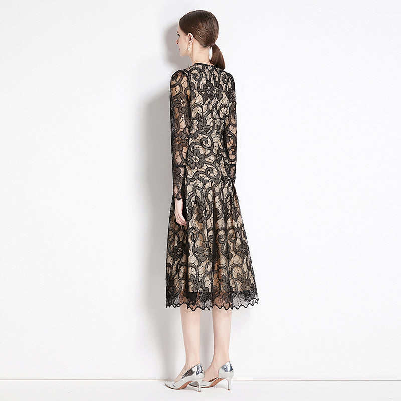 CM-DY080847 Women Elegant European Style Round Neck Long Sleeve Lace Slim Dress