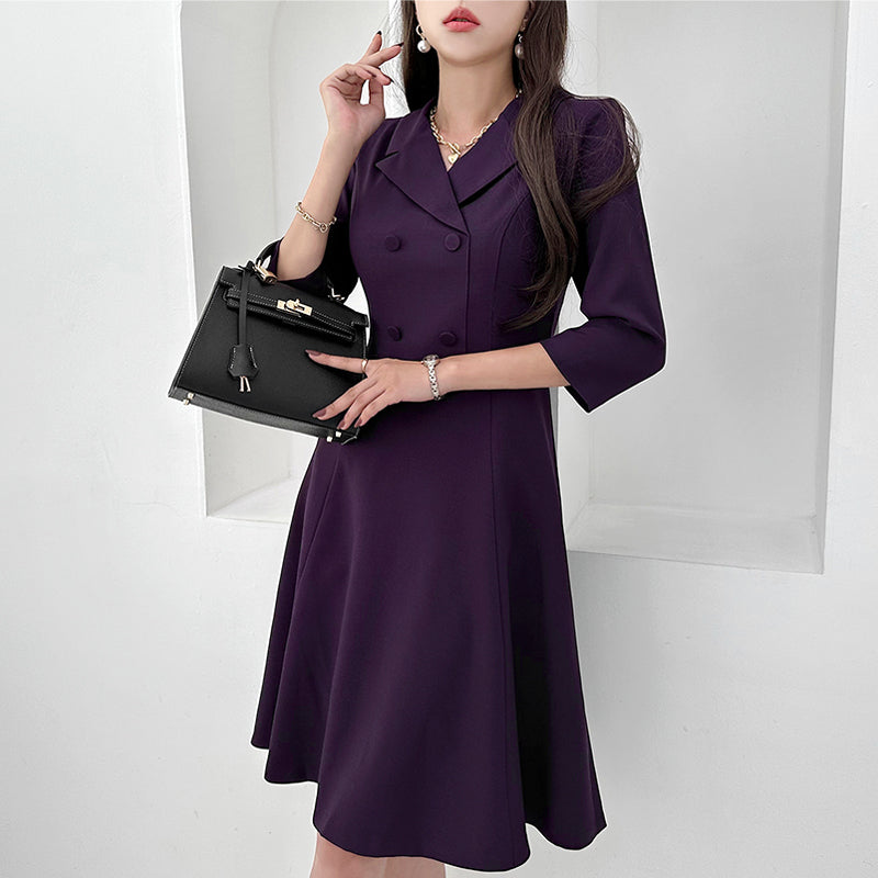 CM-DY080921 Women Elegant Seoul Style Double Breasted 3/4 Sleeve Mini Dress - Purple