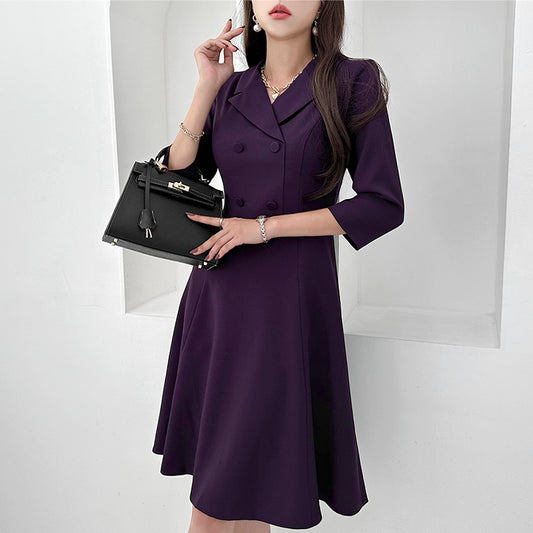 CM-DY080921 Women Elegant Seoul Style Double Breasted 3/4 Sleeve Mini Dress - Purple