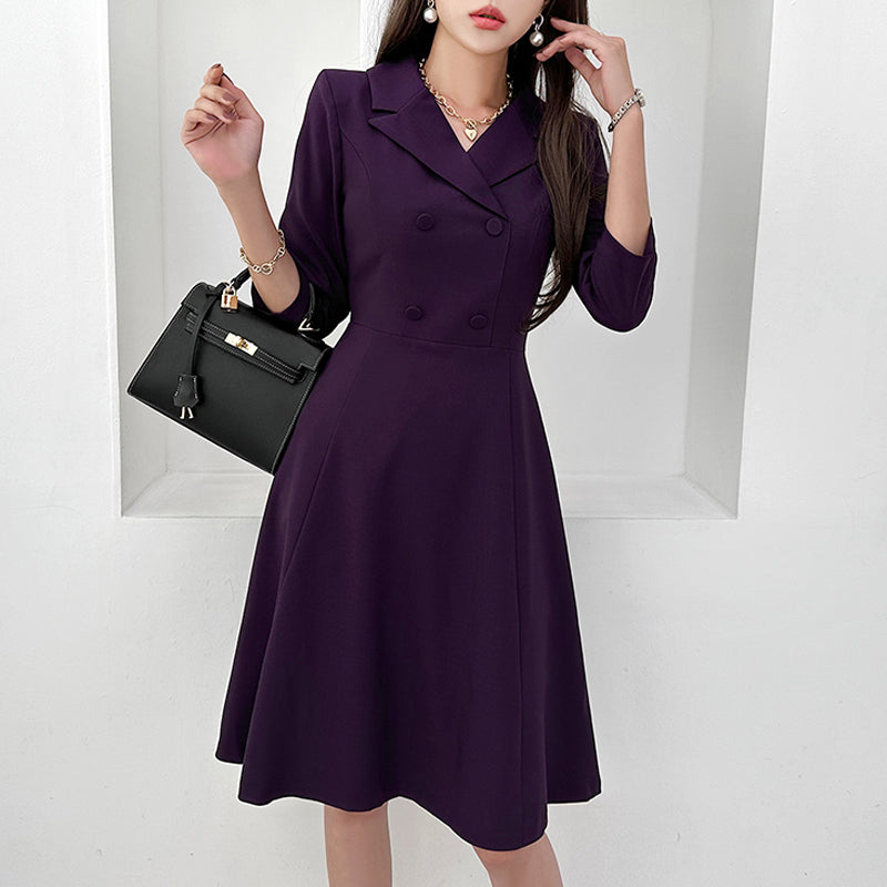 CM-DY080921 Women Elegant Seoul Style Double Breasted 3/4 Sleeve Mini Dress - Purple