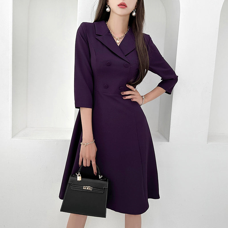 CM-DY080921 Women Elegant Seoul Style Double Breasted 3/4 Sleeve Mini Dress - Purple