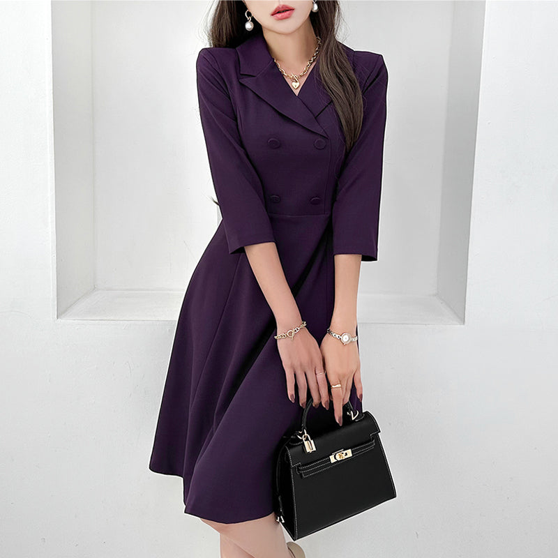 CM-DY080921 Women Elegant Seoul Style Double Breasted 3/4 Sleeve Mini Dress - Purple