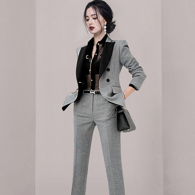 CM-SY080923 Women Elegant European Style Plaid Slim Coat With Suit Pants - Gray