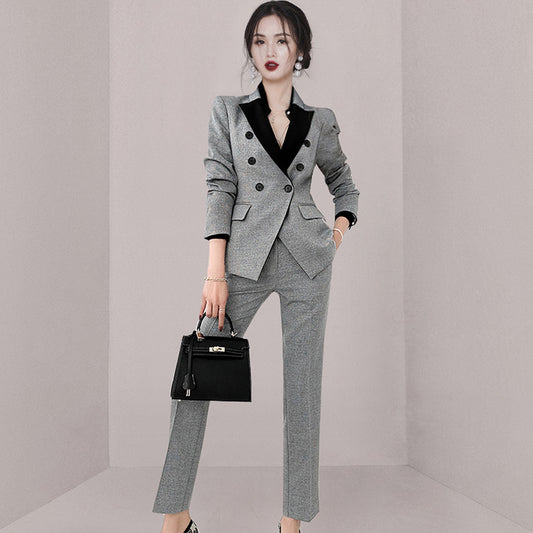 CM-SY080923 Women Elegant European Style Plaid Slim Coat With Suit Pants - Gray