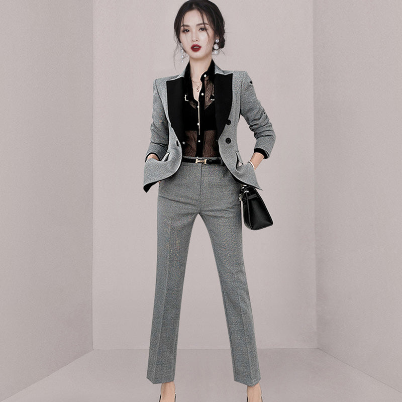 CM-SY080923 Women Elegant European Style Plaid Slim Coat With Suit Pants - Gray