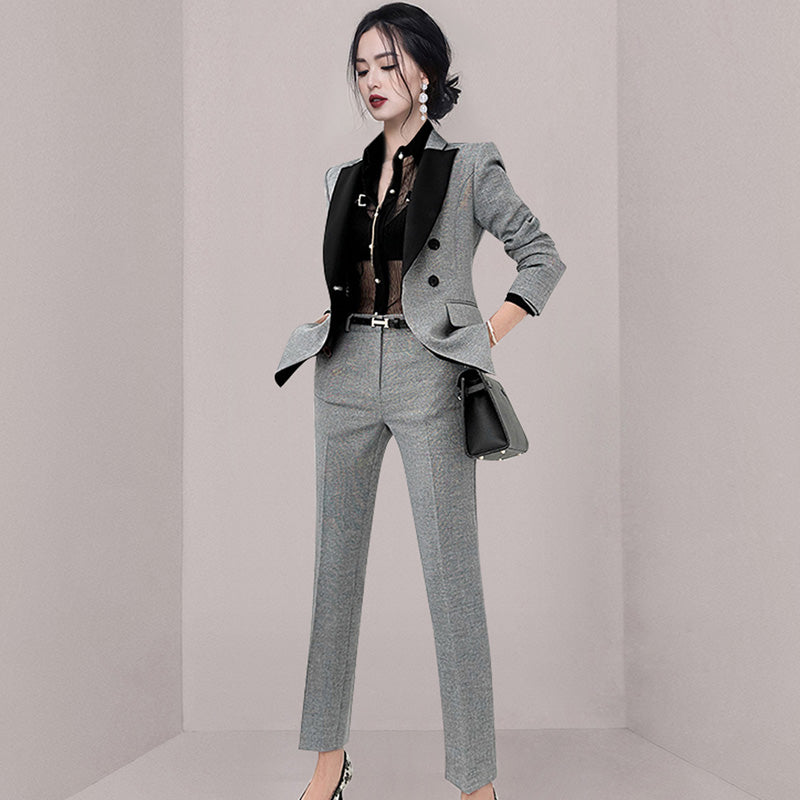 CM-SY080923 Women Elegant European Style Plaid Slim Coat With Suit Pants - Gray