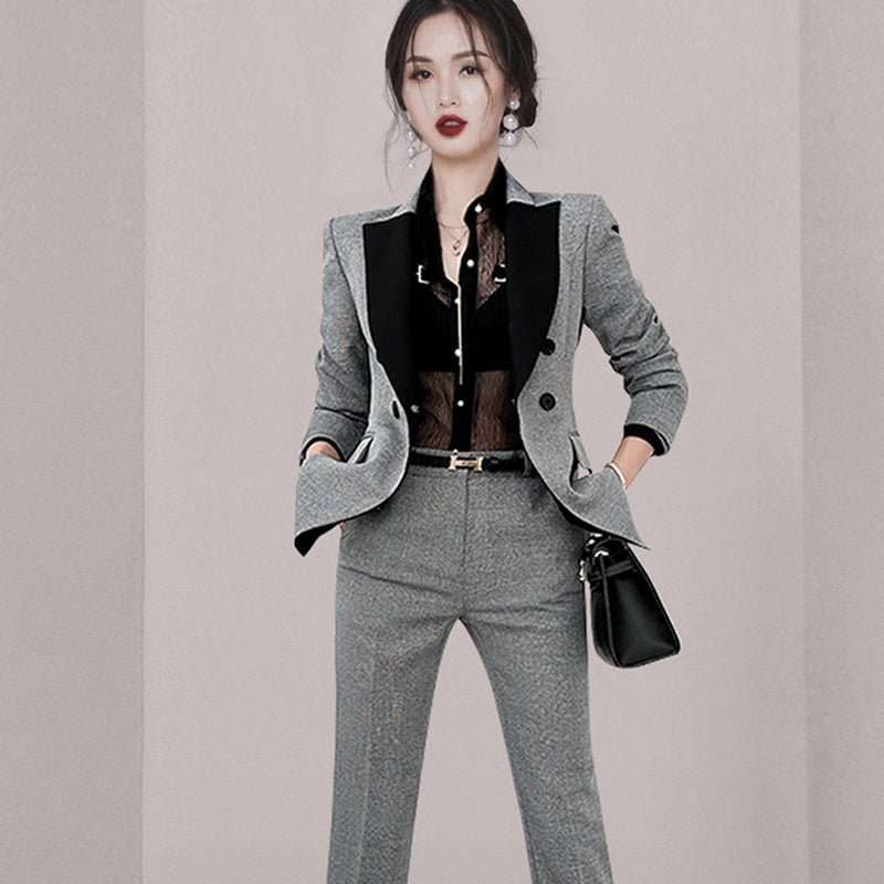 CM-SY080923 Women Elegant European Style Plaid Slim Coat With Suit Pants - Gray