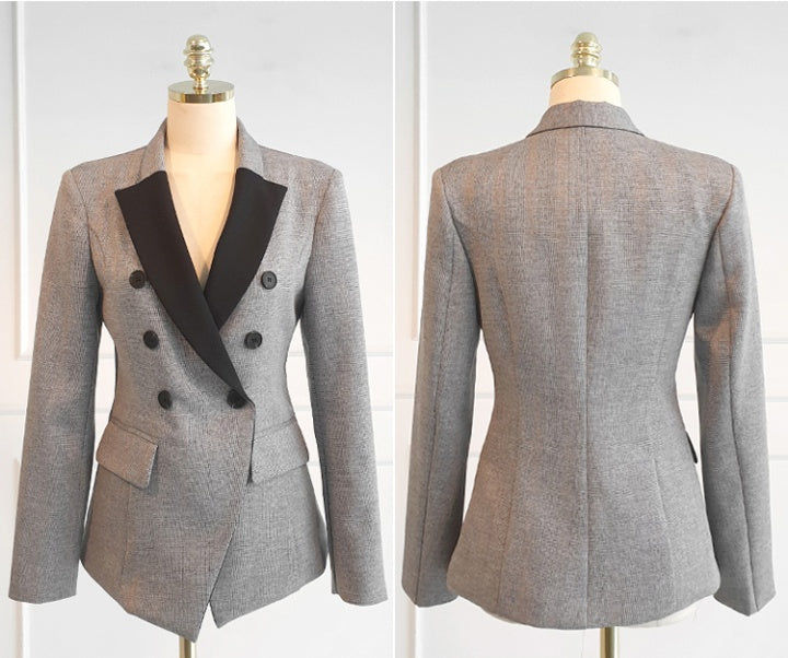 CM-SY080923 Women Elegant European Style Plaid Slim Coat With Suit Pants - Gray