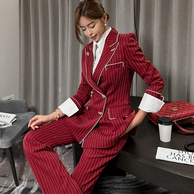 CM-SY080930 Women Elegant Seoul Style Double-Breasted Stripe Business Suit - Red