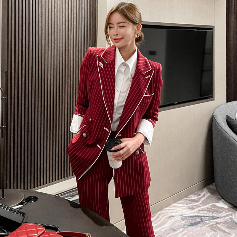 CM-SY080930 Women Elegant Seoul Style Double-Breasted Stripe Business Suit - Red