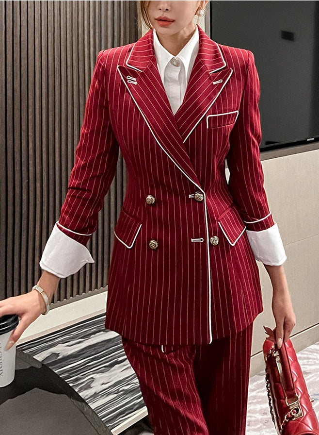 CM-SY080930 Women Elegant Seoul Style Double-Breasted Stripe Business Suit - Red