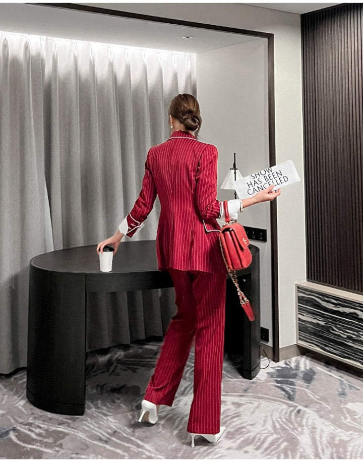 CM-SY080930 Women Elegant Seoul Style Double-Breasted Stripe Business Suit - Red