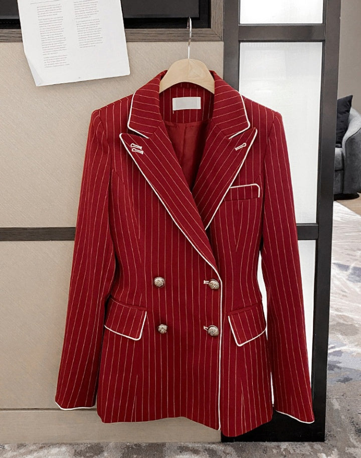 CM-SY080930 Women Elegant Seoul Style Double-Breasted Stripe Business Suit - Red