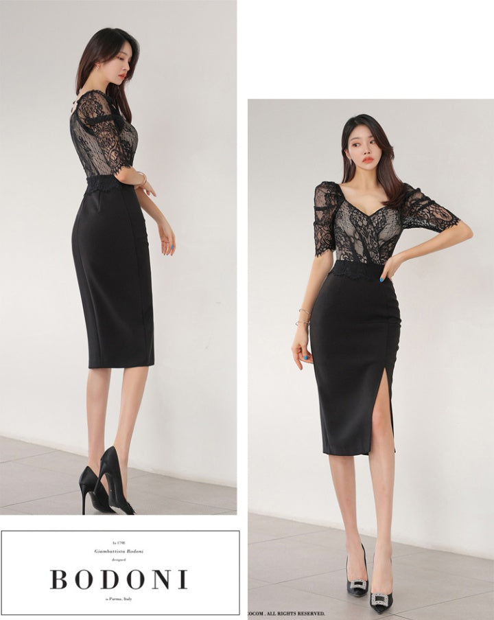 CM-DY080933 Women Elegant Seoul Style V-Neck Split Lace Slim Midi Dress - Black