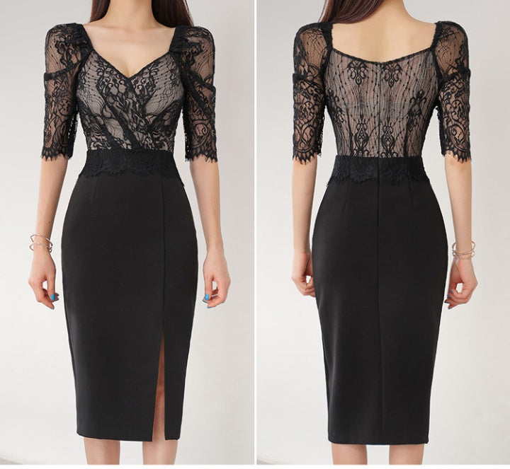 CM-DY080933 Women Elegant Seoul Style V-Neck Split Lace Slim Midi Dress - Black