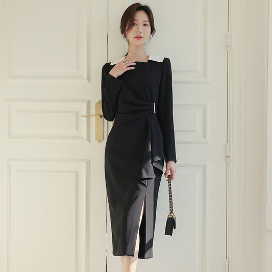 CM-DY080934 Women Elegant Seoul Style Long Sleeve Slim Midi Dress - Black