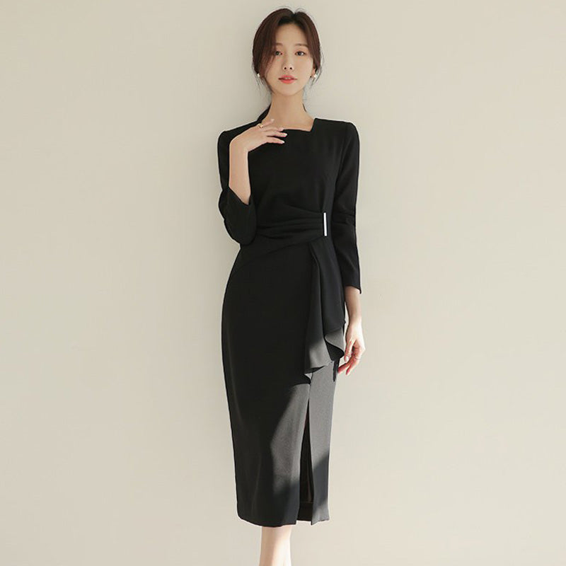 CM-DY080934 Women Elegant Seoul Style Long Sleeve Slim Midi Dress - Black