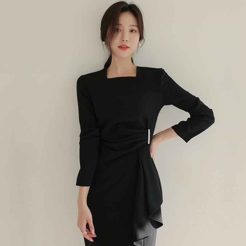 CM-DY080934 Women Elegant Seoul Style Long Sleeve Slim Midi Dress - Black