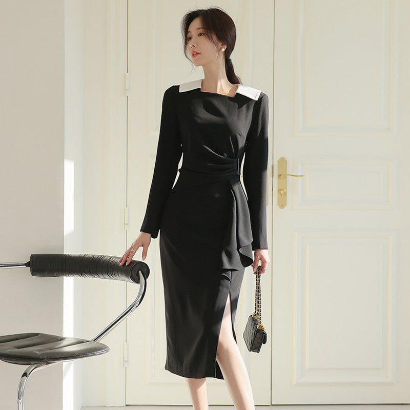 CM-DY080934 Women Elegant Seoul Style Long Sleeve Slim Midi Dress - Black