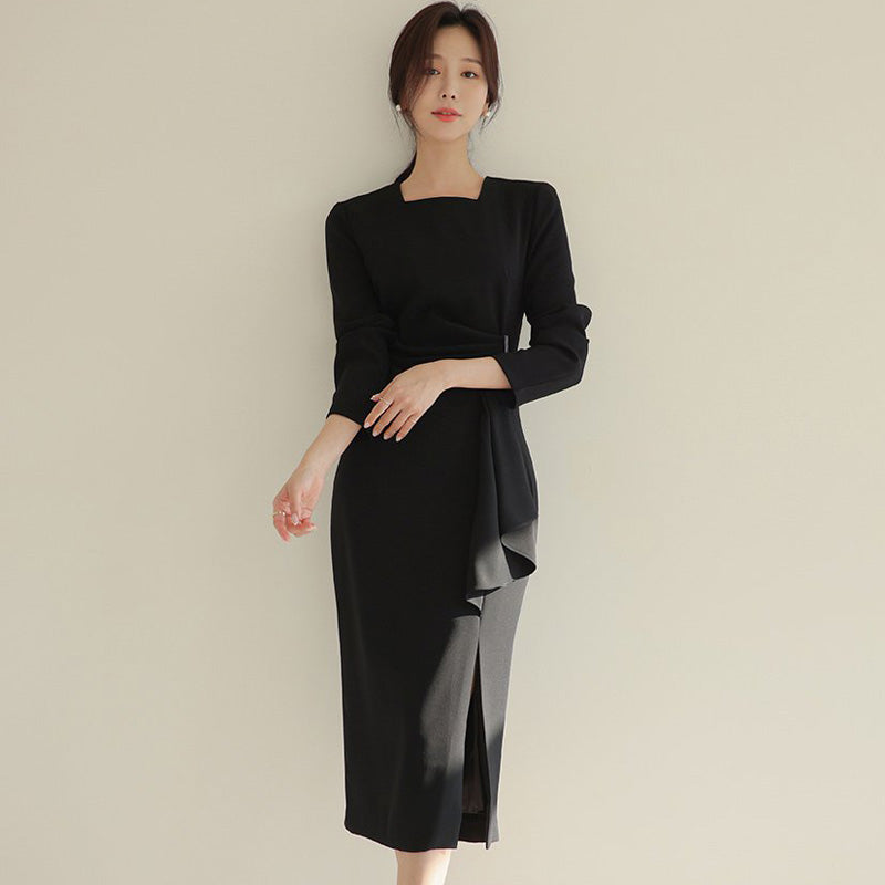 CM-DY080934 Women Elegant Seoul Style Long Sleeve Slim Midi Dress - Black