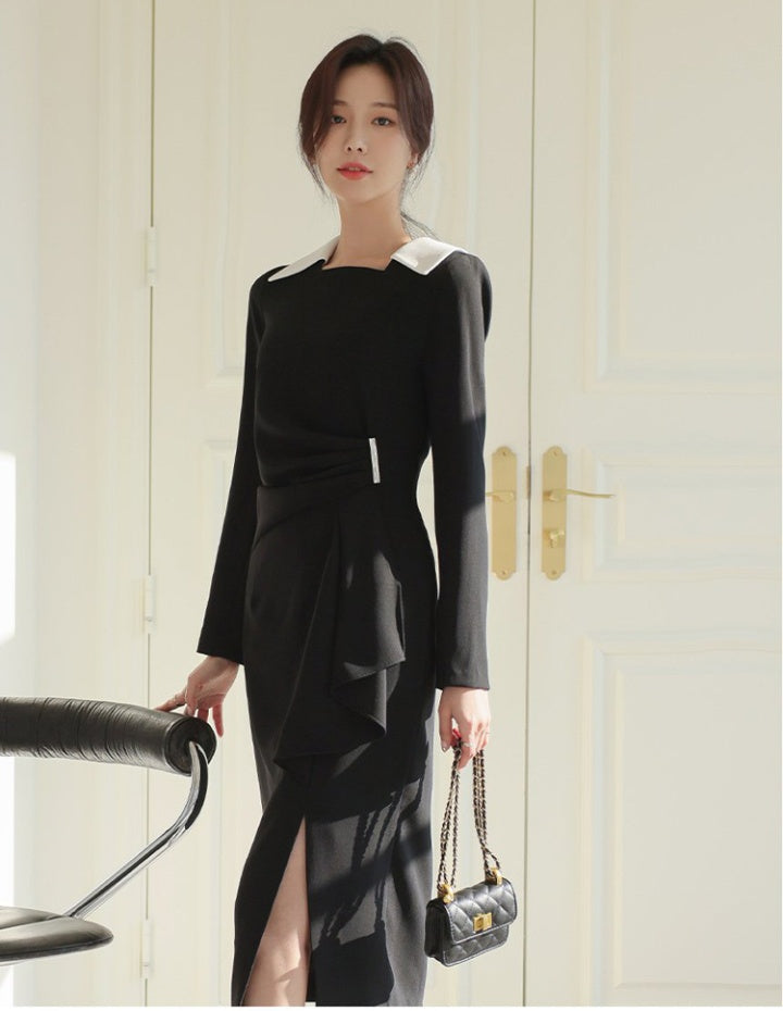 CM-DY080934 Women Elegant Seoul Style Long Sleeve Slim Midi Dress - Black