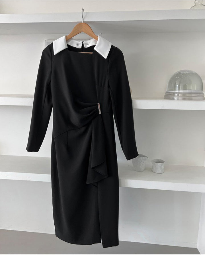 CM-DY080934 Women Elegant Seoul Style Long Sleeve Slim Midi Dress - Black