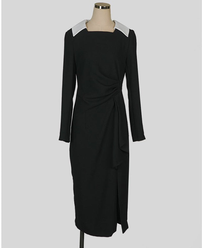 CM-DY080934 Women Elegant Seoul Style Long Sleeve Slim Midi Dress - Black