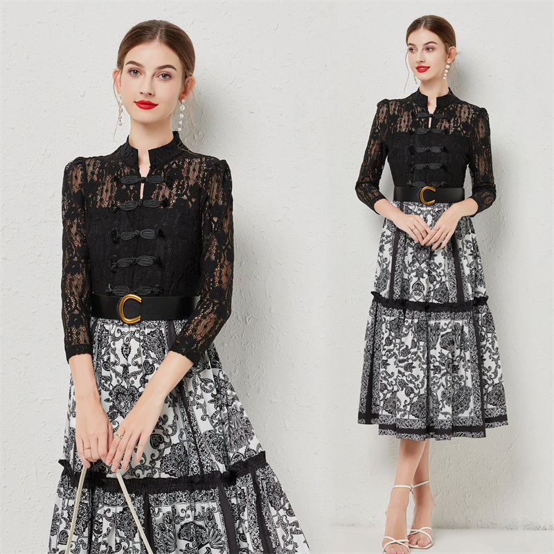 CM-DY080946 Women Elegant European Style Stand Collar 3/4 Sleeve Printing Long Dress