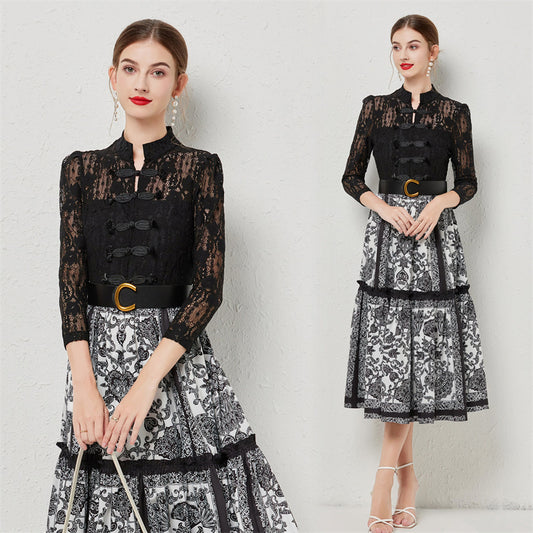 CM-DY080946 Women Elegant European Style Stand Collar 3/4 Sleeve Printing Long Dress