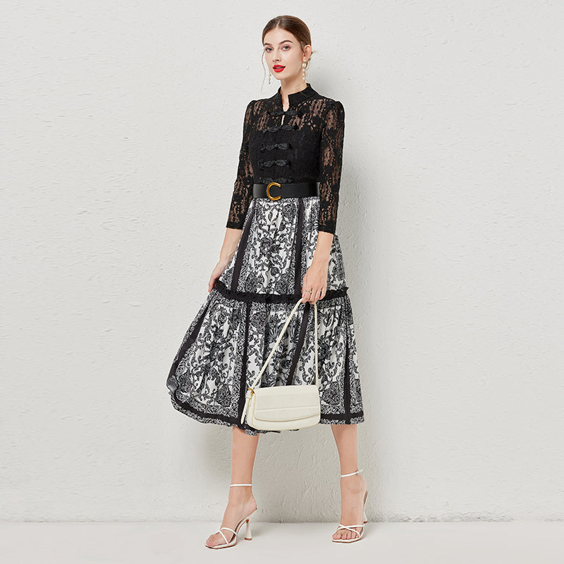 CM-DY080946 Women Elegant European Style Stand Collar 3/4 Sleeve Printing Long Dress