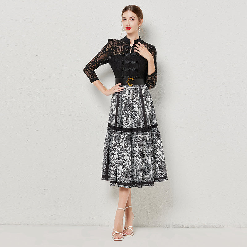 CM-DY080946 Women Elegant European Style Stand Collar 3/4 Sleeve Printing Long Dress