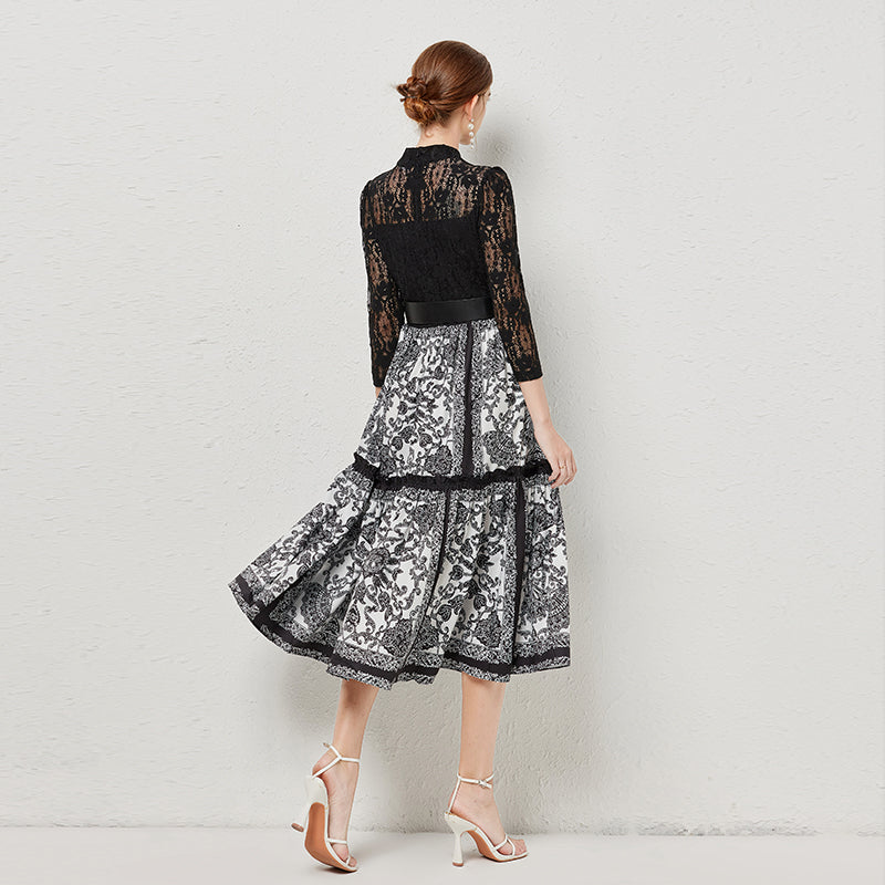 CM-DY080946 Women Elegant European Style Stand Collar 3/4 Sleeve Printing Long Dress