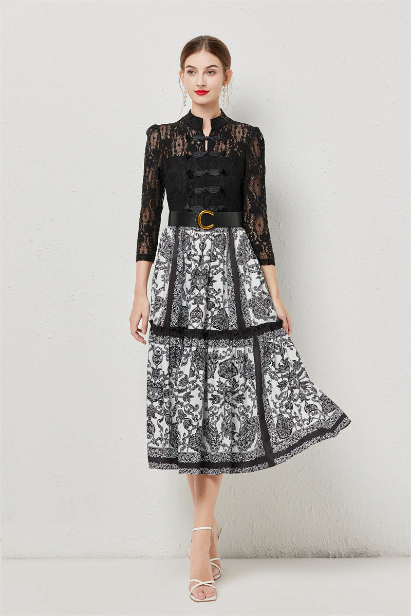 CM-DY080946 Women Elegant European Style Stand Collar 3/4 Sleeve Printing Long Dress