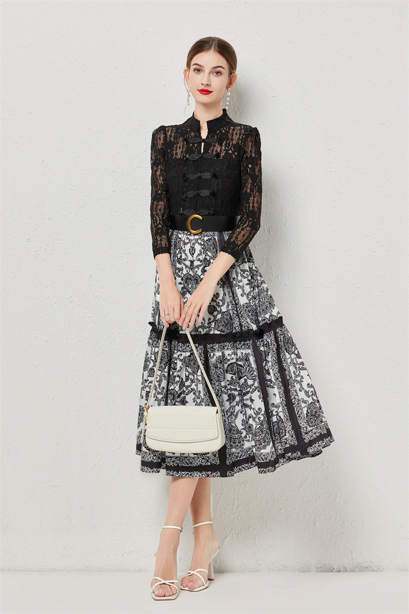 CM-DY080946 Women Elegant European Style Stand Collar 3/4 Sleeve Printing Long Dress